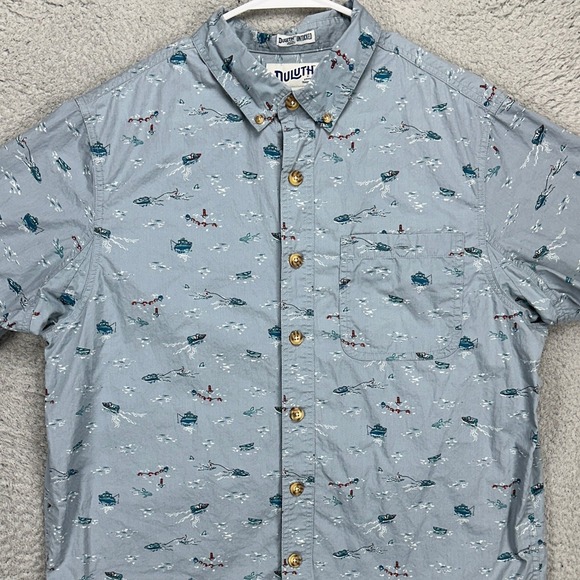 Duluth Trading Co. Button Down Shirt Mens Large Blue Geometric Slim Fit Untucked